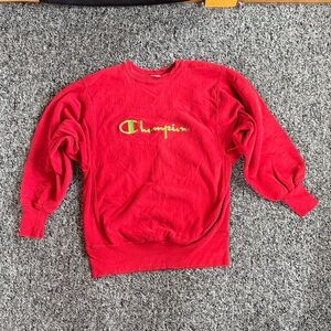 VINTAGE Champion Red Reverse Weave Crewneck Sweatshirt with Lime Green Script